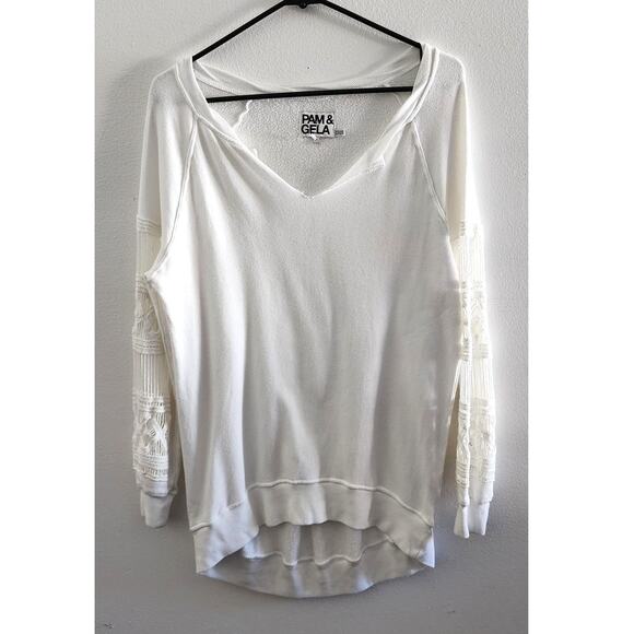 Pam & Gela Hi-Low Lace Long Sleeve Sweatshirt White XS - Picture 2 of 10